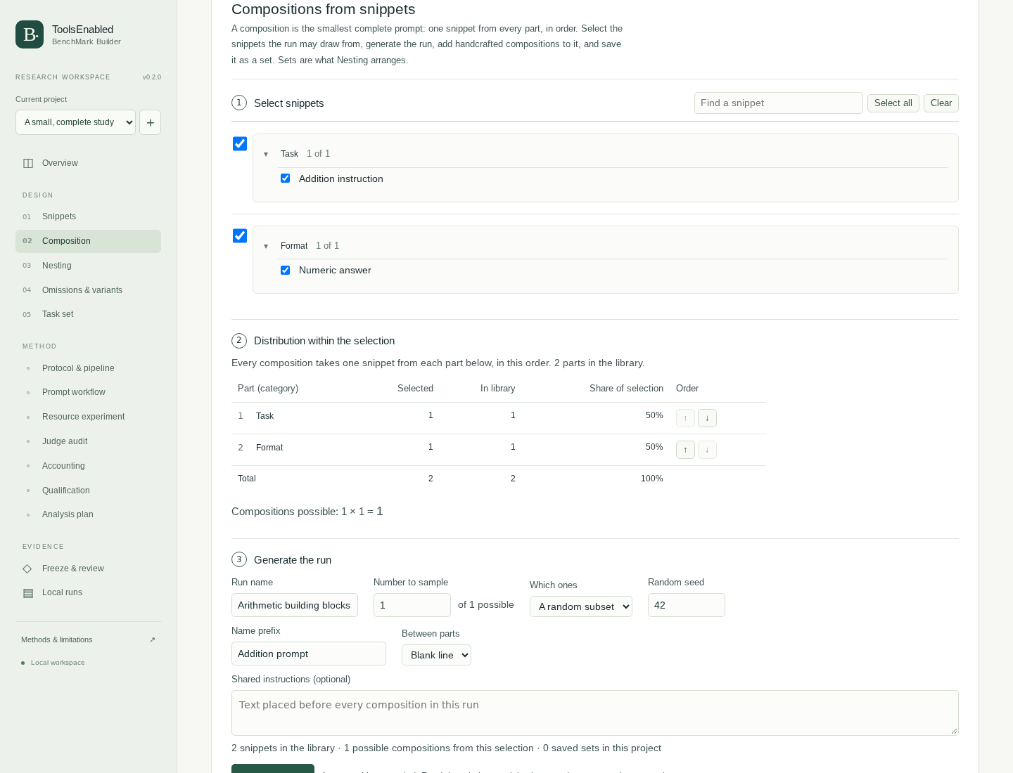 Reusable task and answer-format snippets are selected for a seeded composition. The library, part counts and generation settings remain visible.