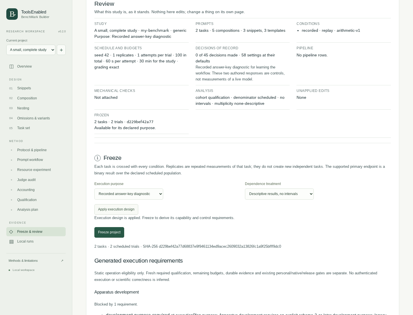 The review shows the protocol, schedule, purpose and frozen SHA-256 identity for two recorded-control tasks.